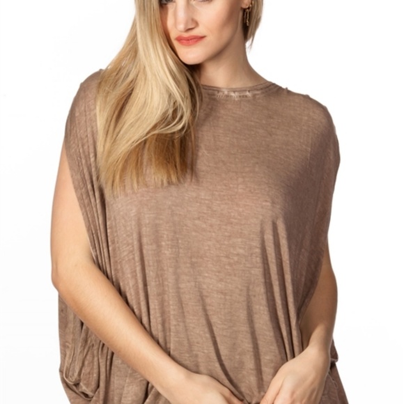 BOHO ACID WASH MOCHA DROP ARMHOLE TOP - Picture 2 of 8